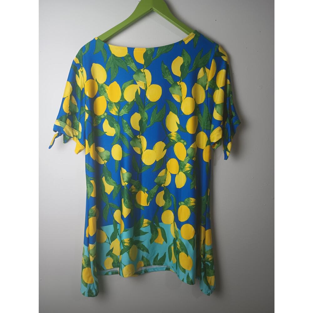 Ruby Rd. Lemon Print Blouse Size L Blue Yellow Stretch Short Sleeve Top - Picture 4 of 4